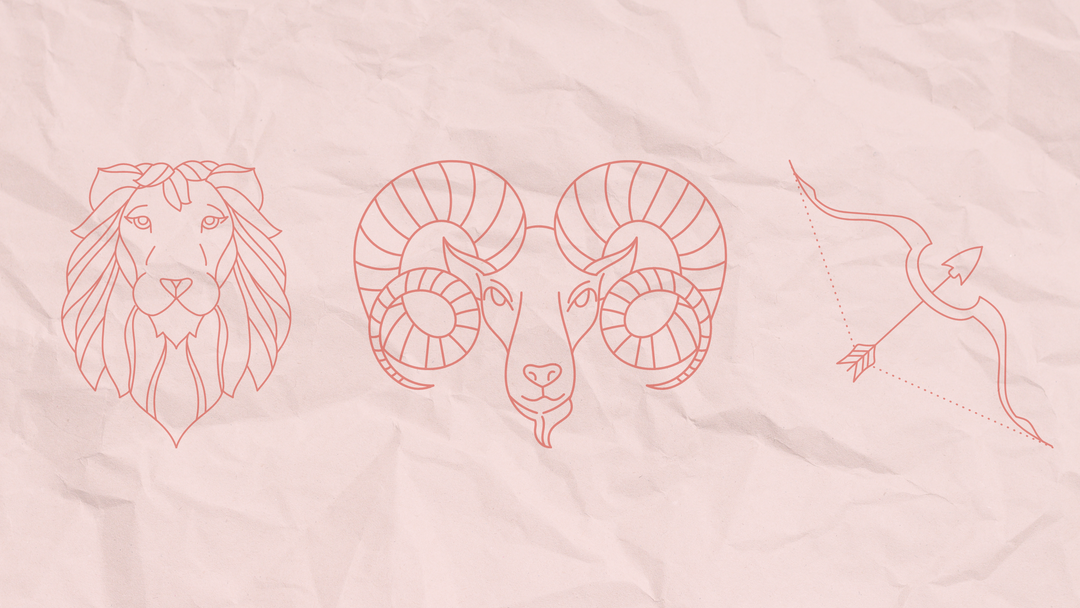 Wrinkled pink paper with red outlines of zodiac signs Leo, Aries, and Sagittarius