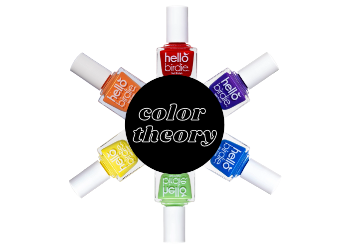 Clockwise, a circle of red, violet, blue, green, yellow, and orange Hello Birdie classic nail polishes around a black circle with white outline text that reads "color theory"