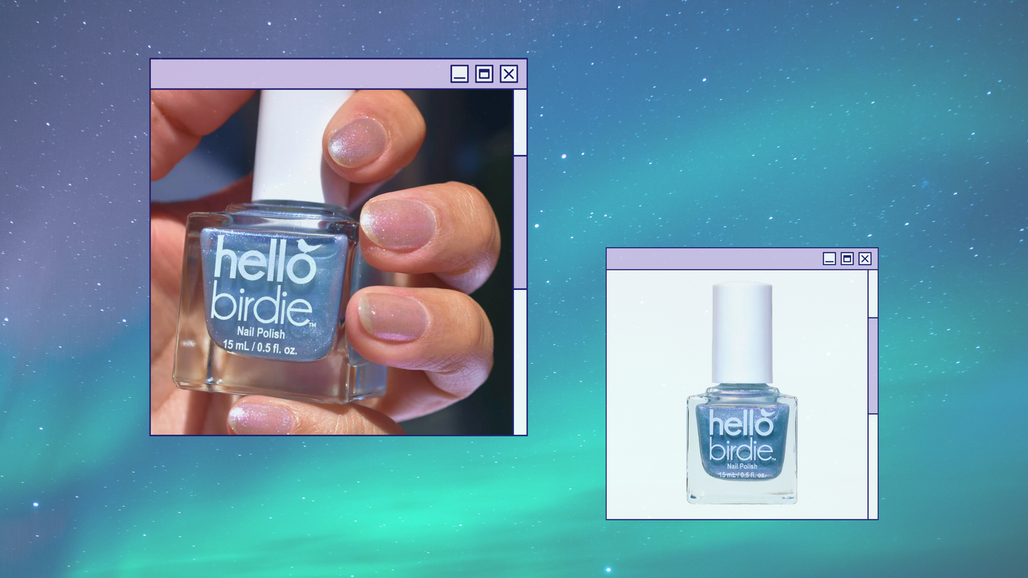 Two pastel program windows with images of Hello Birdie nail polish, on an aurora borealis background