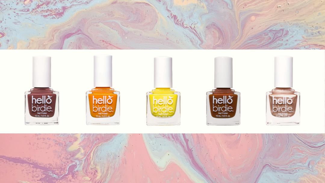 A row of earth-toned Hello Birdie polishes across the middle of a marbled watercolor swirl of the same colors