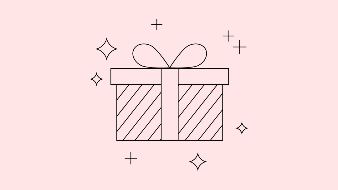 A black outline of a striped gift box with a bow, surrounded by sparkles
