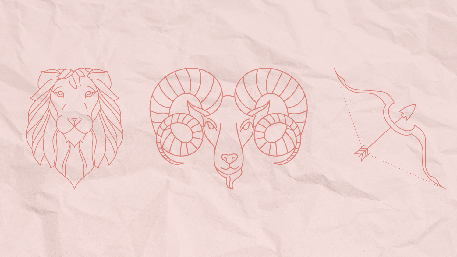 Wrinkled pink paper with red outlines of zodiac signs Leo, Aries, and Sagittarius