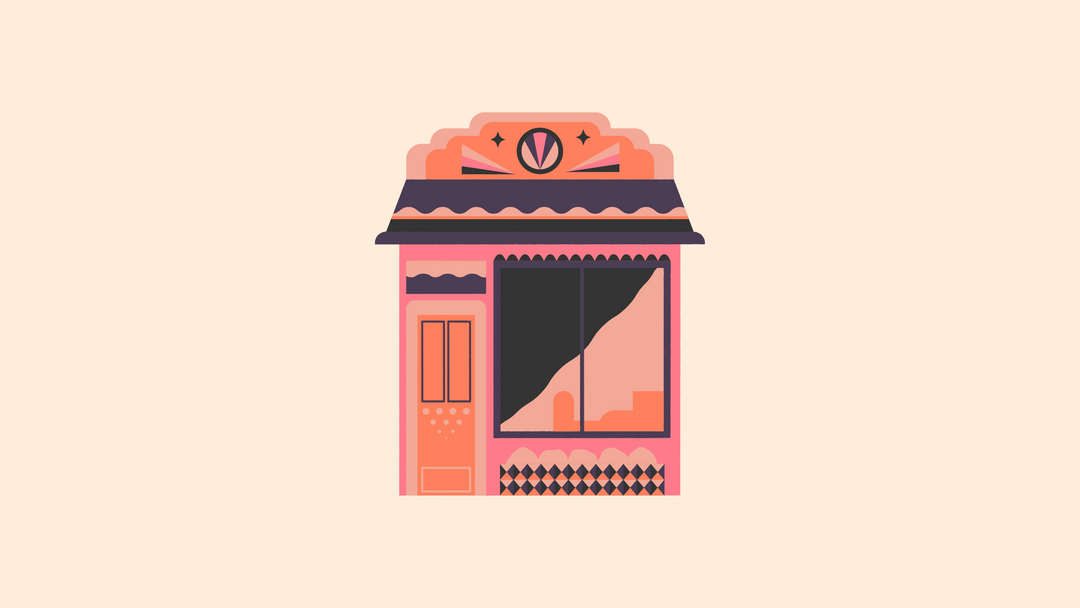 A bold illustration of a small shop storefront in coral, pastel pink, dark brown, and orange.