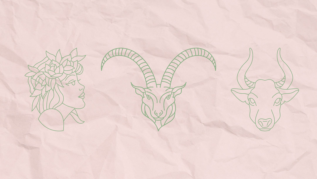Green outline illustration of Capricorn, Virgo, and Taurus symbols over a wrinkled pink paper background