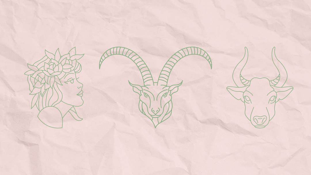 Green outline illustration of Capricorn, Virgo, and Taurus symbols over a wrinkled pink paper background