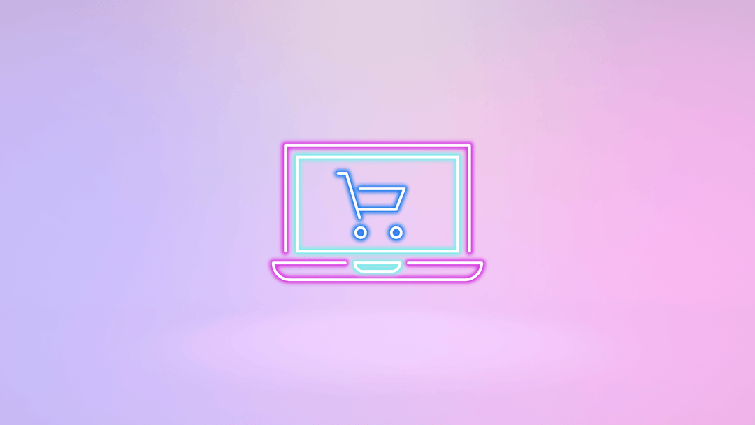 pastel purple and pink gradient background with a neon sign depicting a laptop with shopping cart on screen