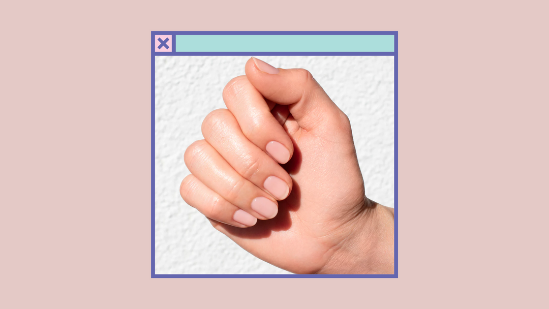 A clean, manicured hand with sheer nail polish framed by a cute pastel faux program window