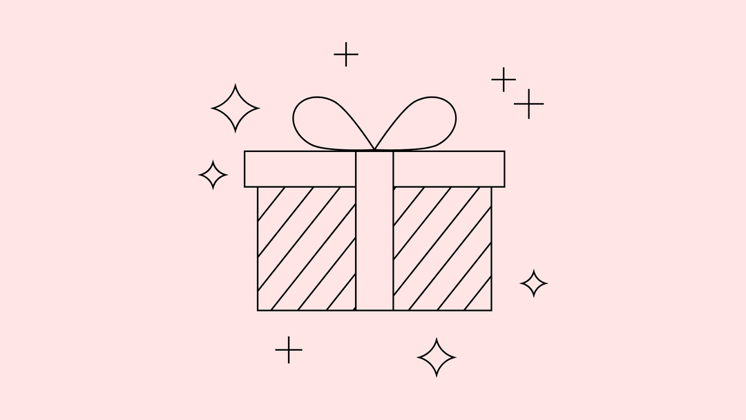 A black outline of a striped gift box with a bow, surrounded by sparkles