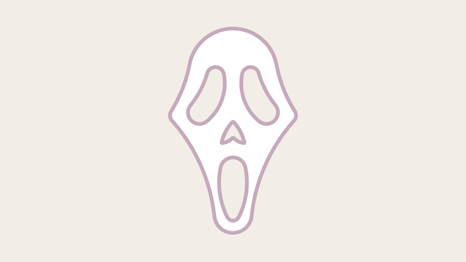 A white and mauve pink outline of Scream's Ghostface on a pale taupe background
