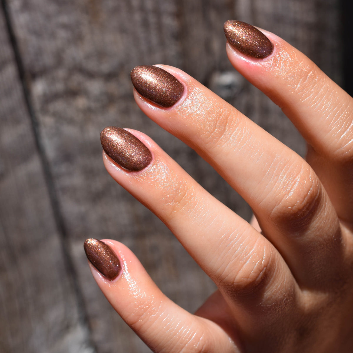 A close up of a mid toned hand comes into frame from the lower right hand corner showing four fingers with Falcon nail polish from Hello Birdie on the nails. The color is a metallic brown with sparkles and are illuminated by daylight. The background is an out of focus grey wood.